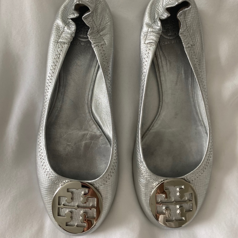 Tory Burch Reva Metallic Silver Ballet Flats